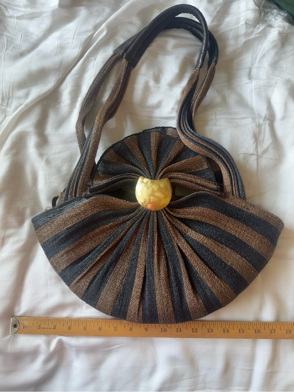 Handcrafted Indonesian Fan Shell Purse Brown Black Striped Statement Handbag